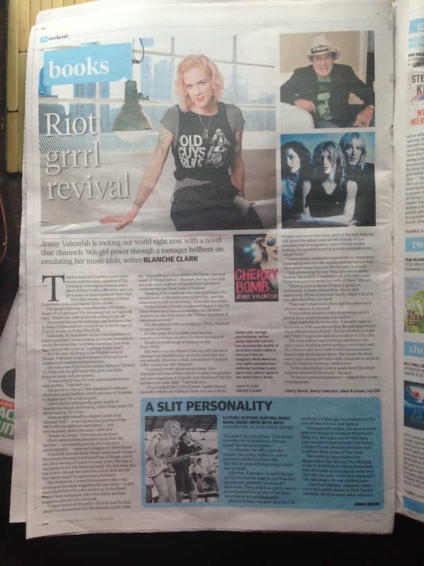 In the Saturday, July 12 edition of the Herald Sun, there's a one-page interview with Jenny Valentish by books editor Blanche Clarke about the spectre of Molly Meldrum, grisly old rock stars, the significance of Nina being from Parramatta.